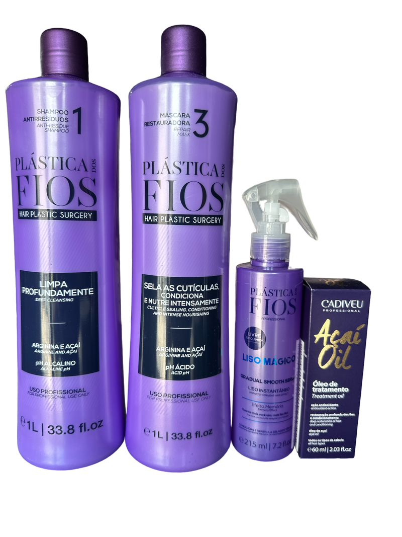 Plastica Dos Fios Kit Intensive Hair Care Shampoo Conditioner Mask & Açai Oil Serum - Keratinbeauty