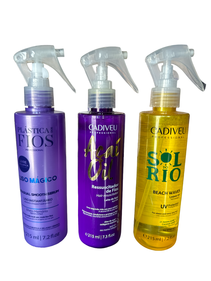 Cadiveu  Magic Hair Smoothing Fluid Spray Trio Plastica dos Fios, Acai Milk, Sol do Rio Bundle - Keratinbeauty